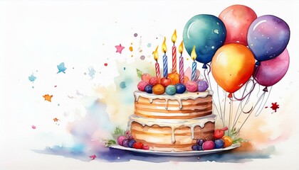 birthday cake and baloons watercolor card illustration on white background