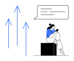 Woman with tablet seated on block, three rising arrows, speech bubble with lines. Ideal for business growth, communication, technology, reading, social media, online learning digital interaction