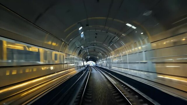 rear moving backward train showing fast underground ride modern city offering unique urban journey travel transport speed tube railway track motion transit station rail railroad technology