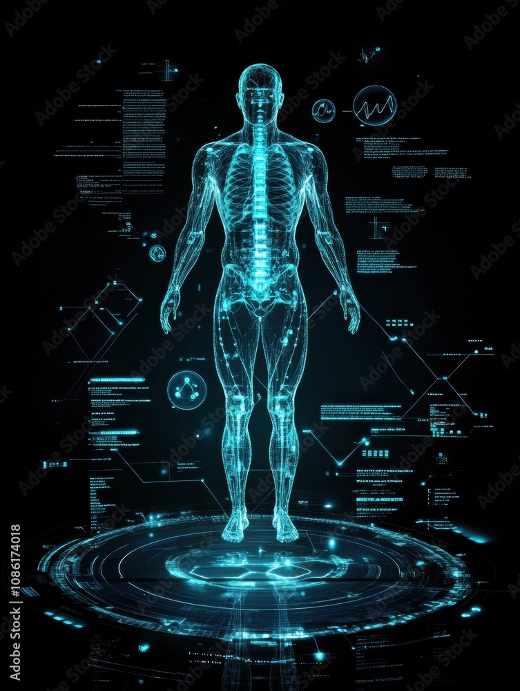 Leinwandbilder this visual features a holographic human figure displaying intricate details of dna and body systems