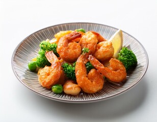 Fototapeta premium close up fried shrimps with vegetable in plate white background