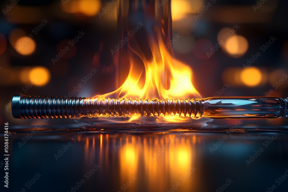 Poster a metallic object with flames and reflections, creating a dramatic visual effect.