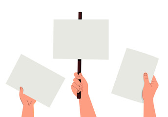 Blank paper sheets in hands set. Holding sign boards, showing advertising backgrounds, clean cards. Arms with papers