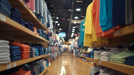 Clothing store aisle with colorful shirts and folded apparel on wooden shelves.