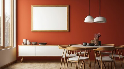 Modern Dining Room with Orange Wall and Minimalist Decor