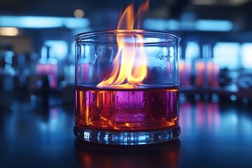 A glass with a vibrant drink ignited by flames, creating a striking visual effect.