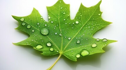 Fresh Green Leaf with Water Droplets on Surface