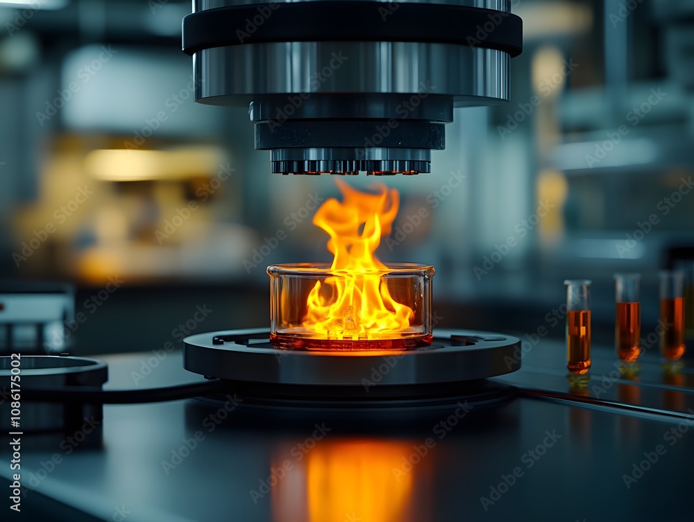 Aufkleber a laboratory scene with a flame igniting in a glass container under a press.