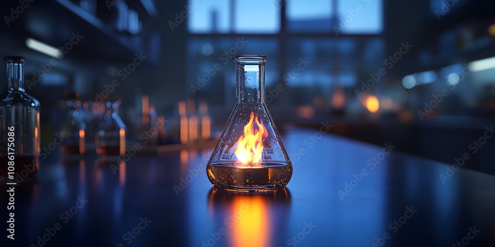 Poster a laboratory scene featuring a flask with flames, symbolizing scientific experimentation.