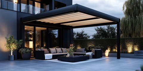 Obraz premium : A black metal modern garden canopy with cream fabric, set in the corner of an outdoor terrace with sofas and plants, photorealistic. an elegantly designed outdoor living space