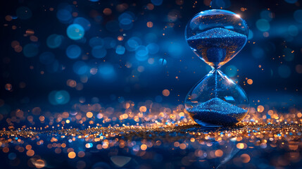Time flows in a glass hourglass with glowing sand in a blue haze.