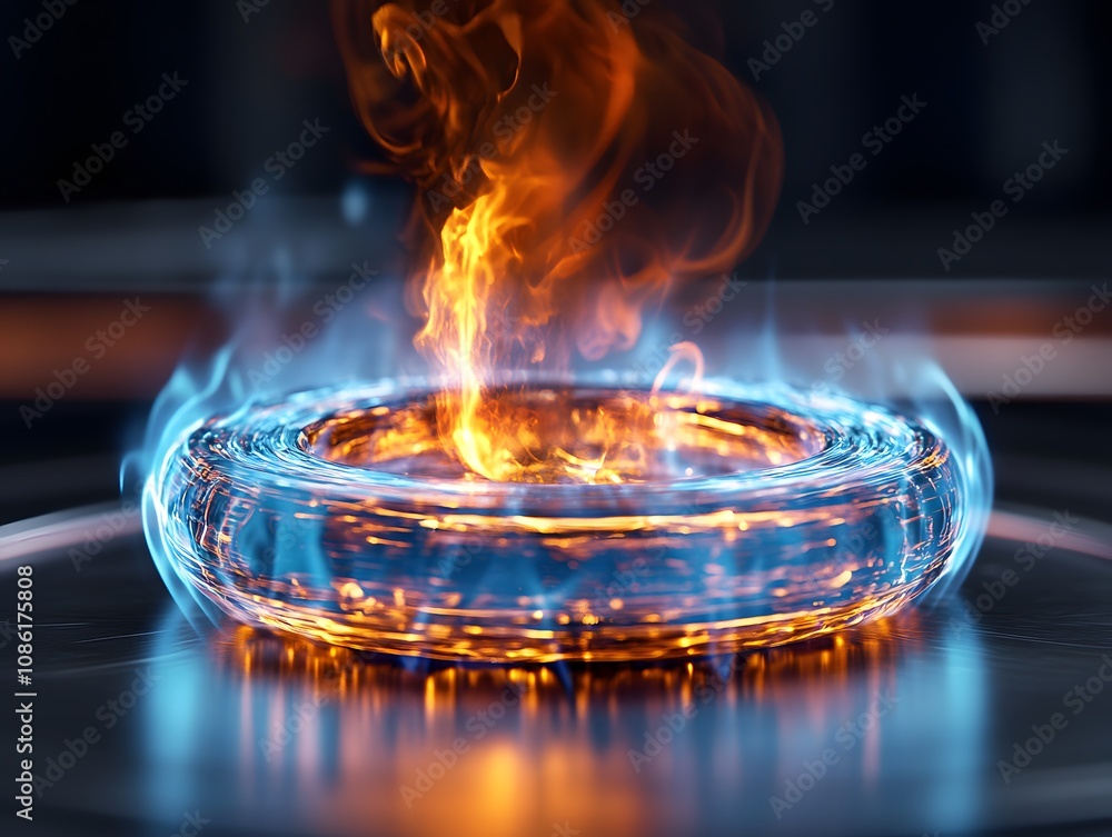 Poster a glowing circular object with flames and blue flames, creating a striking visual effect.