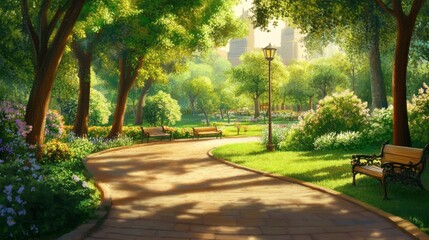 Fototapeta premium Serene Pathway Through Lush Green Park