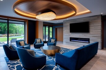 Fototapeta premium A high-tech care center lounge with cozy, comfortable seating, where residents engage with interactive screens and tablets, guided by friendly caregivers. The room combines warm, inviting decor