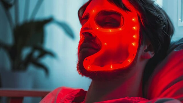 Relaxing mask with led light therapy for skin care at home. Man receiving rejuvenating treatment