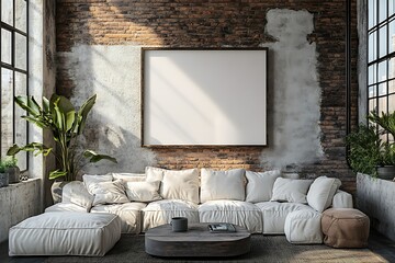 Modern living room interior mockup with brick wall and large frame.  Concept of Home decor, interior design.