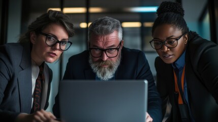 Fototapeta premium Team Analyzing Data on Laptop in Office Setting