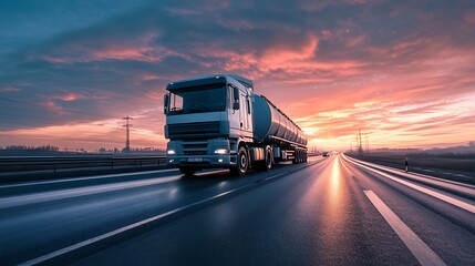Tanker Truck on Highway at Sunset