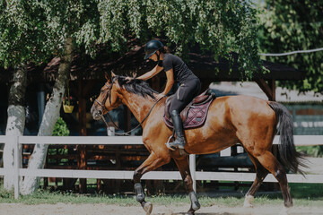 A woman in equestrian gear rides a brown horse under the shade of trees in an outdoor arena. The...