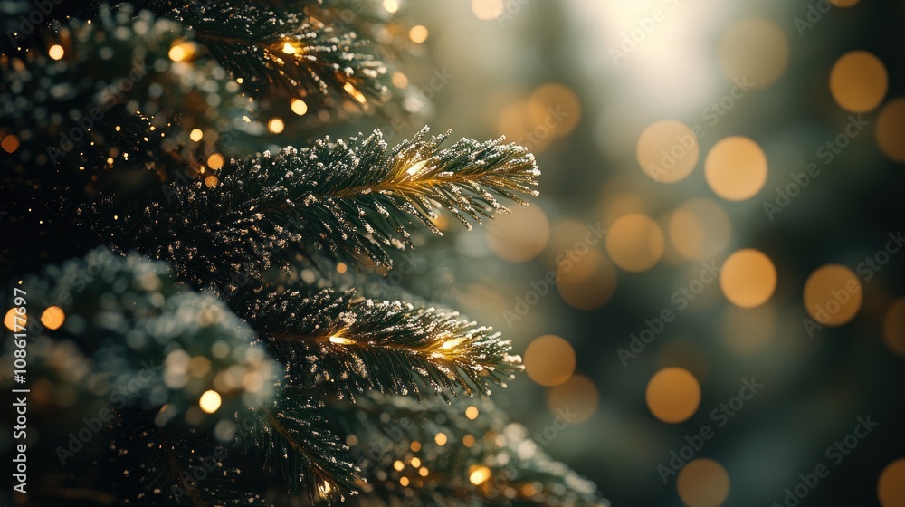 Poster close-up of a christmas tree branch with warm bokeh lights.