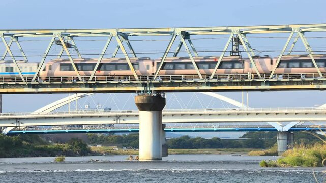 相模川橋梁上で離合する特急列車と各駅停車の電車
