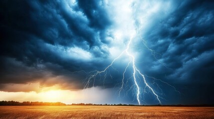 Dramatic Lightning Strikes Over Golden Field at Dusk