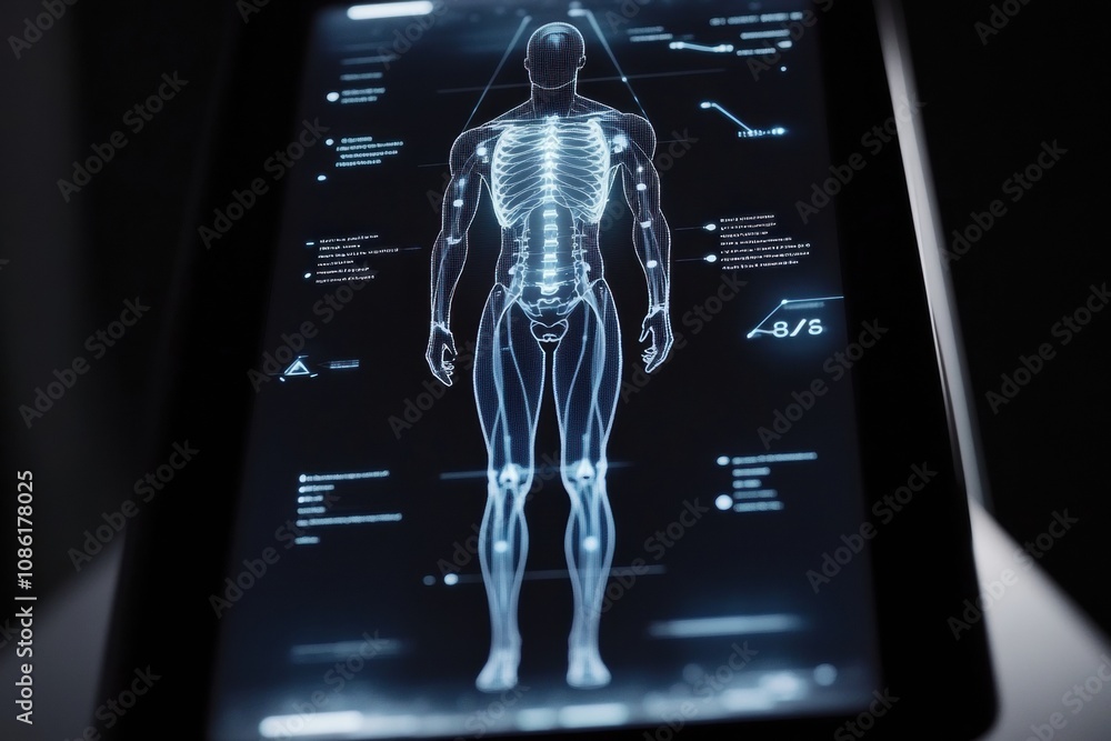 Leinwandbilder the digital screen shows a detailed view of human anatomy, featuring the skeletal system alongside v