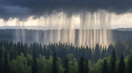 Fototapeta premium Majestic Rainfall Over Dense Forest Landscape