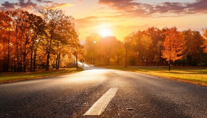Obraz premium road in the autumn park with sunset fall aesthetic banner