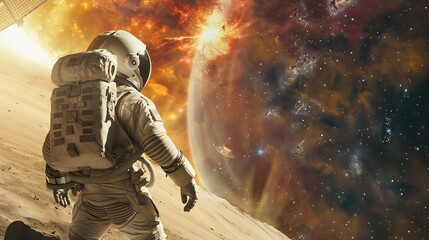 Astronaut in space observing a massive cosmic event such as a supernova explosion with space explorers and interstellar travelers watching in awe from their ships
