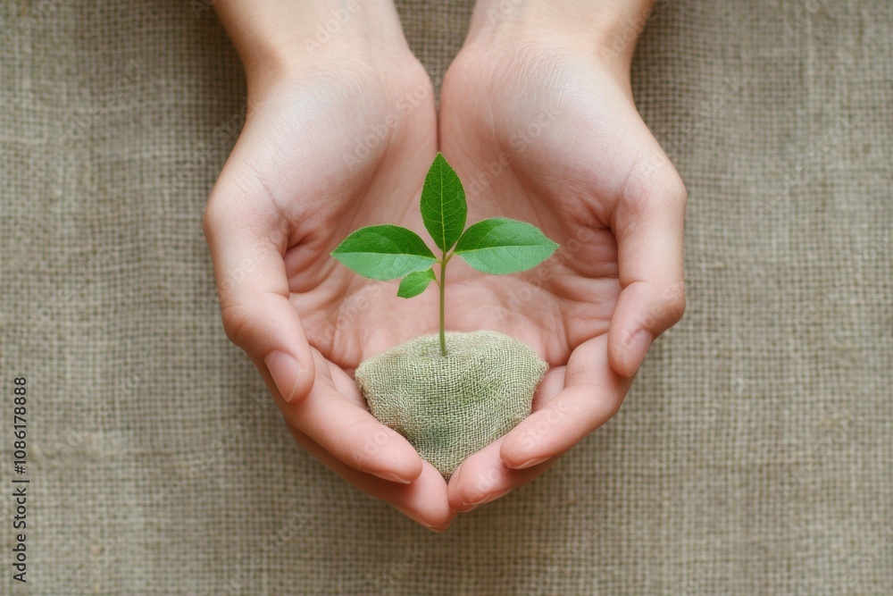 Poster two hands carefully hold a small green seedling planted in soft fabric, reflecting a moment of care 