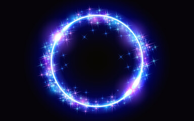 Abstract fantastic background with glowing round frame, sparkle stars and shiny space portal into another dimension