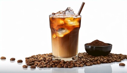 side view of ice coffee transparent isolated on white 