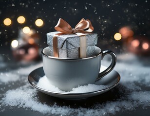 silver christmas gift box nestled inside a cozy coffee cup decorated with snow perfect for festive celebrations
