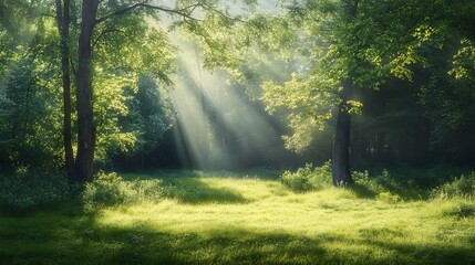Fototapeta premium Sunbeams in a Green Forest