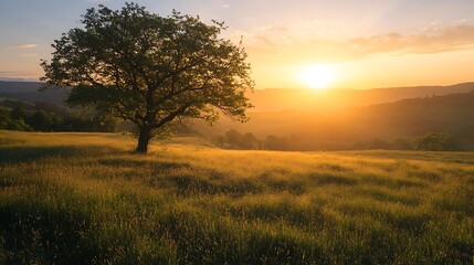 Fototapeta premium Sunset Landscape with Single Tree