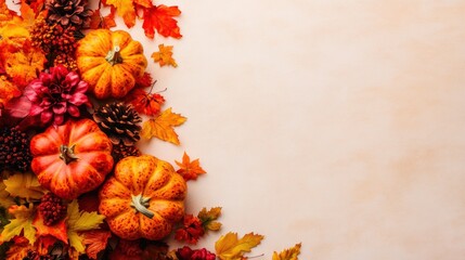 A vibrant autumn arrangement with pumpkins and colorful leaves.