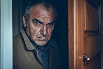Obraz premium A Moment of Tension: The Suspicious Gaze Through the Doorway