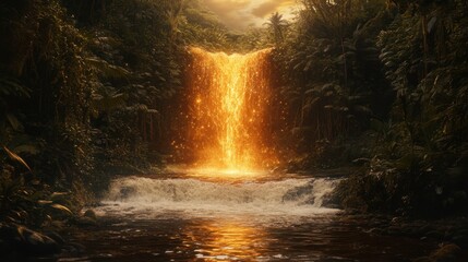 Golden Waterfall in Lush Rainforest Setting