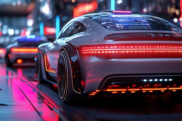 Futuristic car accident scene with autonomous vehicles, using holographic caution signs and digital assistance