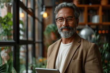 Obraz premium Confident middle-aged businessman using digital tablet in modern office lobby