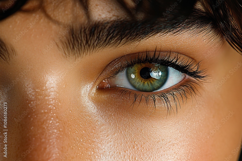 Poster hyper-realistic close-up of a young personâ€™s face with expressive eyes, filled with wonder and exc