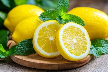 Lemon slices with fresh mint leaves on a light background, showcasing a refreshing and vibrant yellow