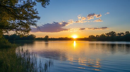 Obraz premium Sunset over calm lake. Nature landscape photography.