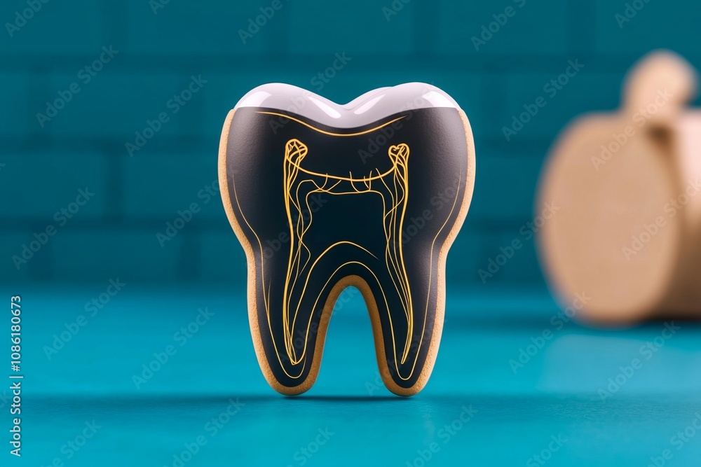 Poster minimalist outline of a tooth in x-ray style, showing root canals and a clean, simple structure
