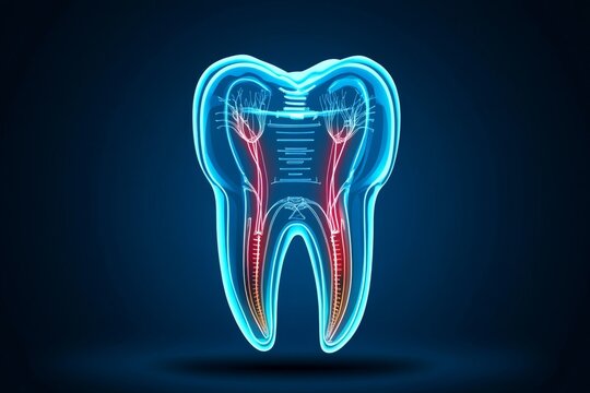 Minimalist outline of a tooth in X-ray style, showing root canals and a clean, simple structure