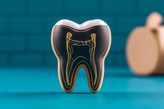 Minimalist outline of a tooth in X-ray style, showing root canals and a clean, simple structure