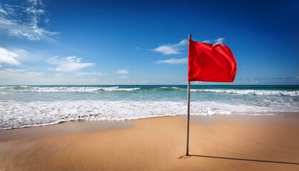 vibrant red flag on sandy beach with blue skies and foamy waves caution sign in tilt shift photography