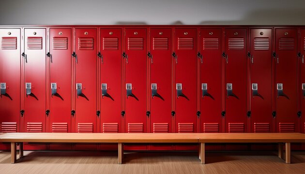vibrant red lockers in modern locker room featuring wooden bench drone photography of stylish athletic space