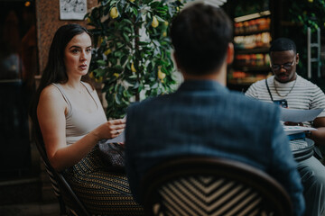 A diverse group of professionals engage in a lively business meeting, sharing creative ideas and strategies at a modern coffee bar. Their collaborative effort highlights teamwork and innovation.